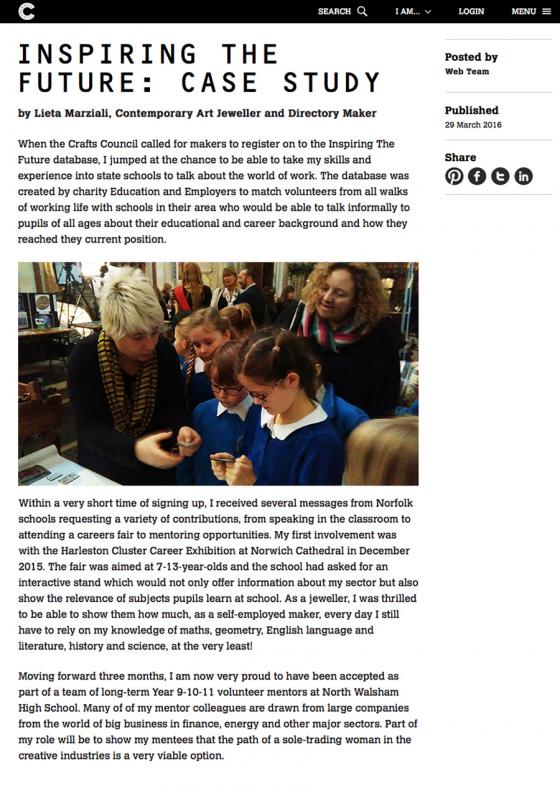 Inspiring the Future: Case Study - in Crafts Council (UK) website, March 2016